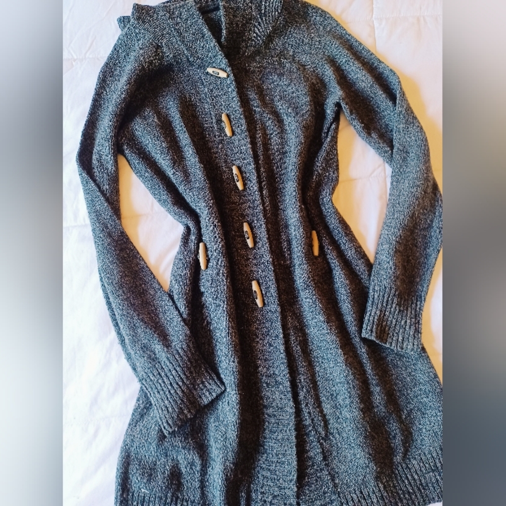 Heathered Grey Black Hooded Knit Duster Long Tunic Sweater Toggle Cardigan Cozy